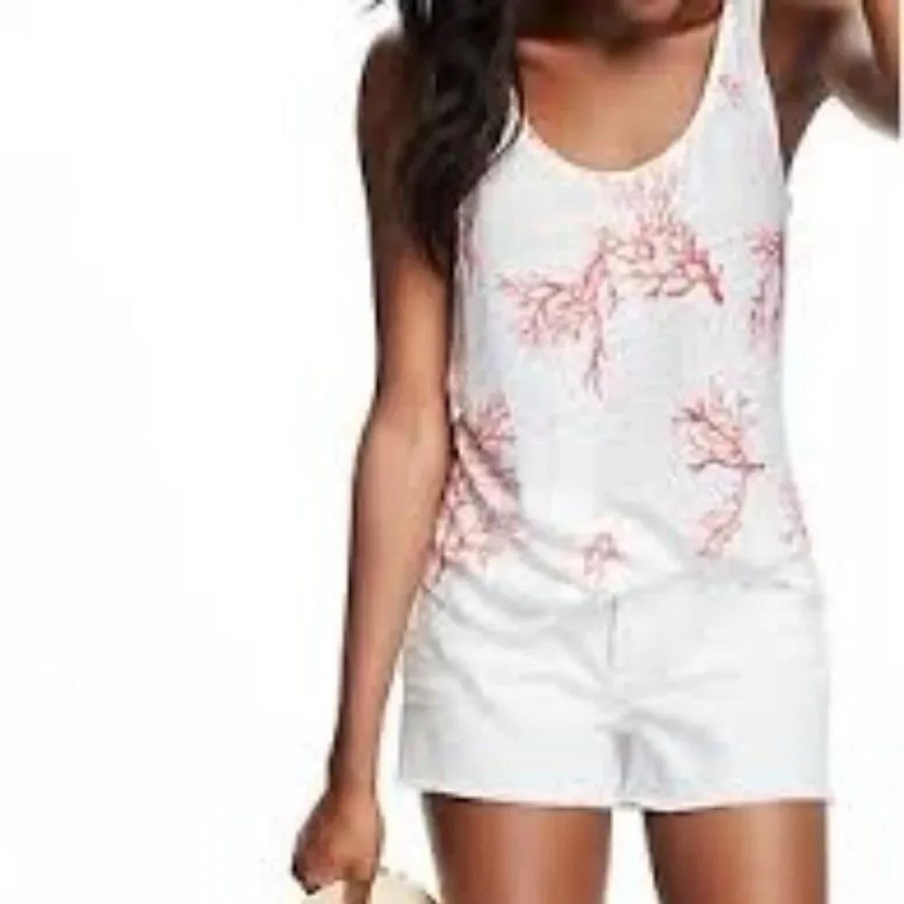 Old Navy White/Coral reef pattern Linen Blend scoop neck Tank top, size XXL